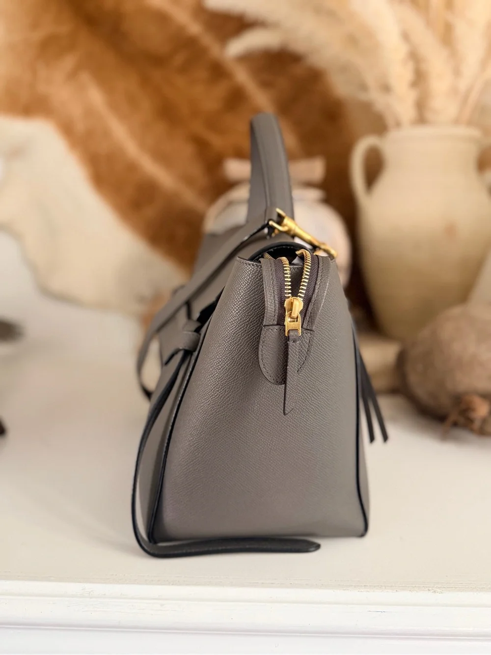 CELINE | Mini Belt Bag - Calfskin Leather Top Handle Shoulder Bag in Gray
